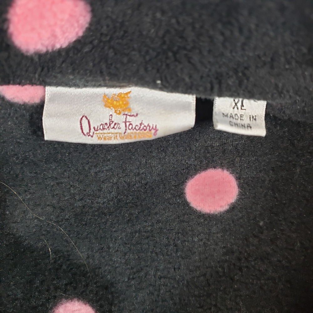 Quaker Factory Black Pink Polka Dot Fleece 1/4 Zip Pullover Sweatshirt XL Rhines - Picture 2 of 8